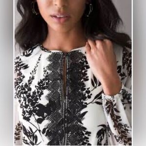 Black & White Elegant V-neck or buttoned top. Transparent sleeves cinch-ends.